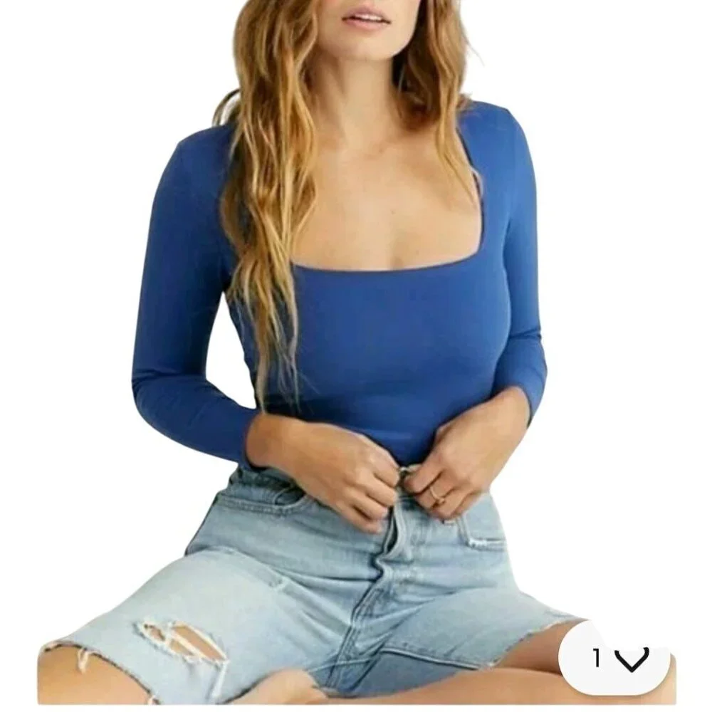 Free People Intimately Free Truth Or Square Long Sleeve Bodysuit Blue Size S